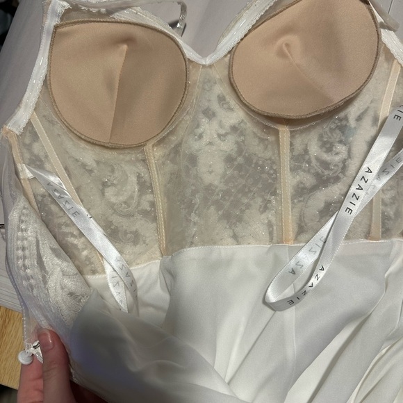 New AZAZIE SAFFRON Diamond White Champagne Mermaid Sweetheart Sequin Crepe Dress - Picture 16 of 16